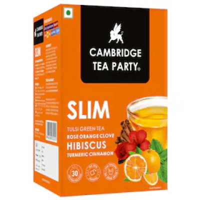 Cambridge Tea Party Slim 30 Tea Bags (1g each) | (30 x 1gm), Hibiscus Clove Orange Rose Turmeric Cinnamon Tulsi Green Tea